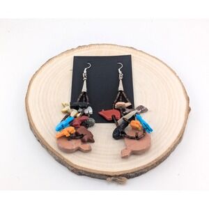 Navajo Multi Stones Fetish Animals + Turtle Carved Dangle Earrings NA Jewelry **